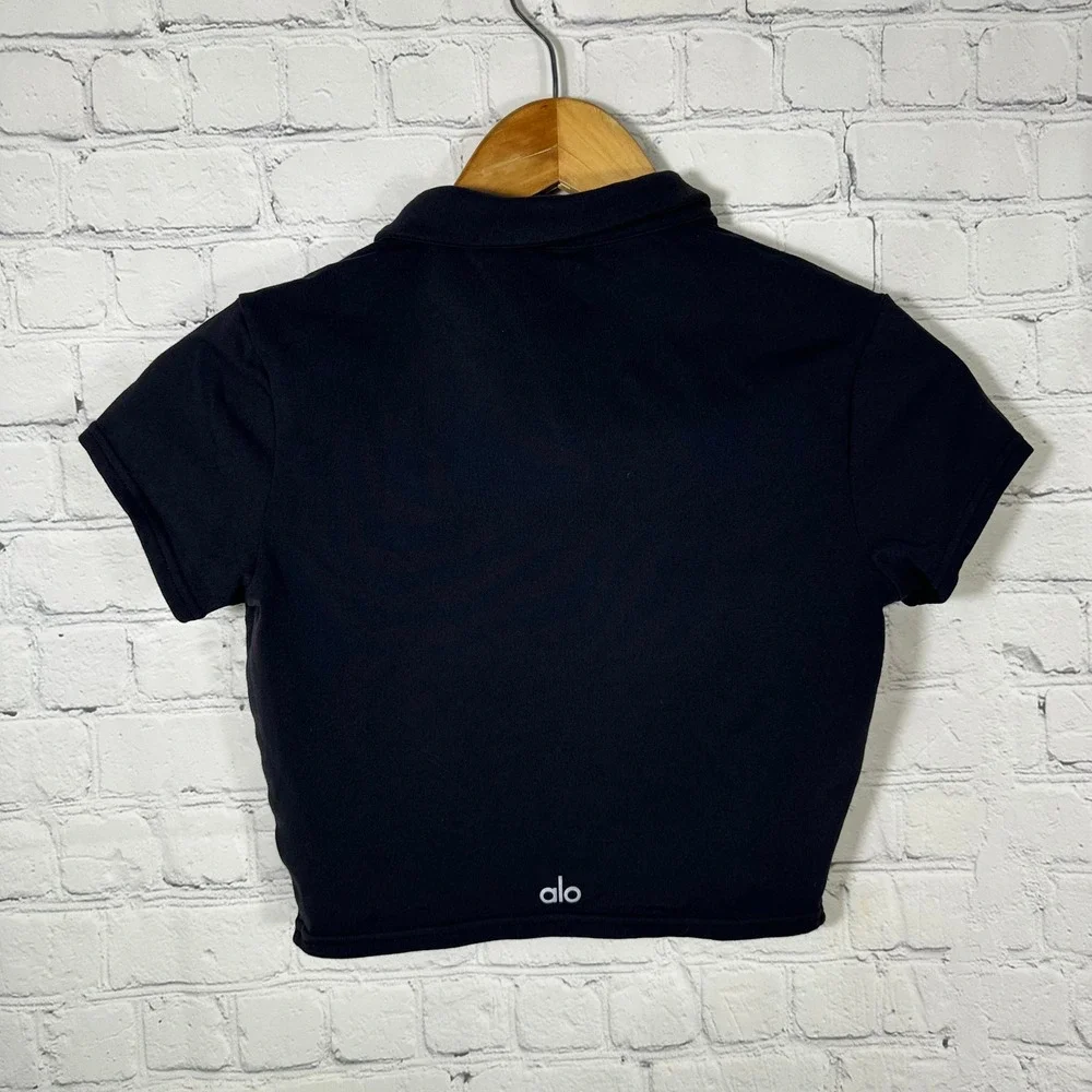Alo Yoga Black Alosoft Crop Polo‎ Shirt Short Sleeve Athletic Top Small